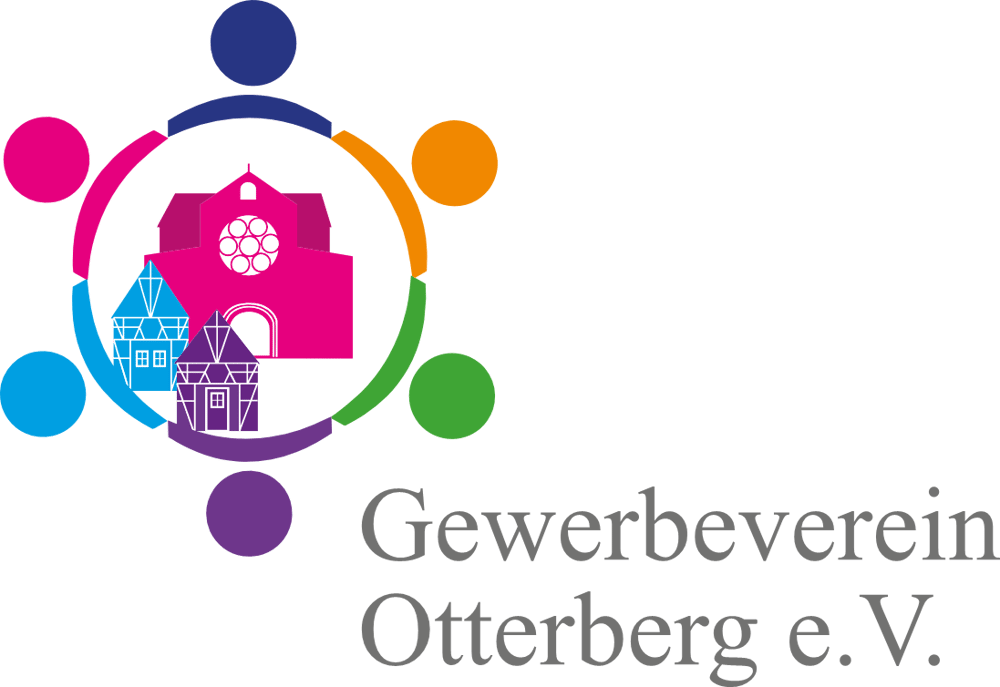 Logo des Gewerbevereins Otterberg: bunte Kreise umrahmen stilisierte Gebäude und Kirche, daneben Text.
