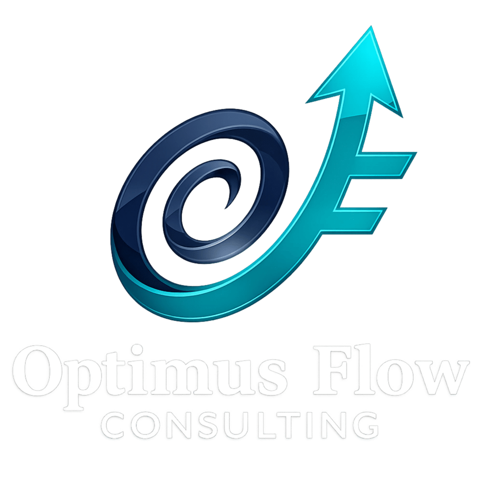 Optimus Flow Consulting Logo: Ein geschwungener blauer Pfeil, der nach oben rechts zeigt, mit dem Text "Optimus Flow Consulting".