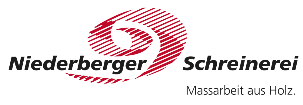Logo: Niederberger Schreinerei. Massarbeit aus Holz. Rotes, spiralförmiges Symbol im Hintergrund.