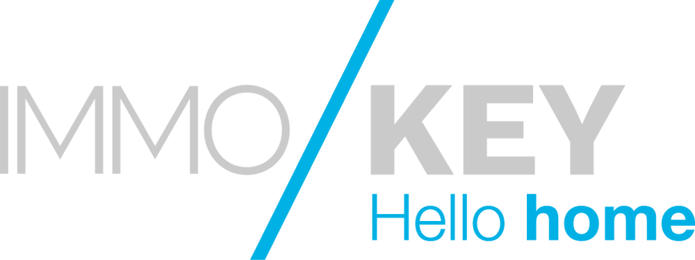 Logo Immo Key mit Slogan "Hello home" und blauem Schrägstrich.