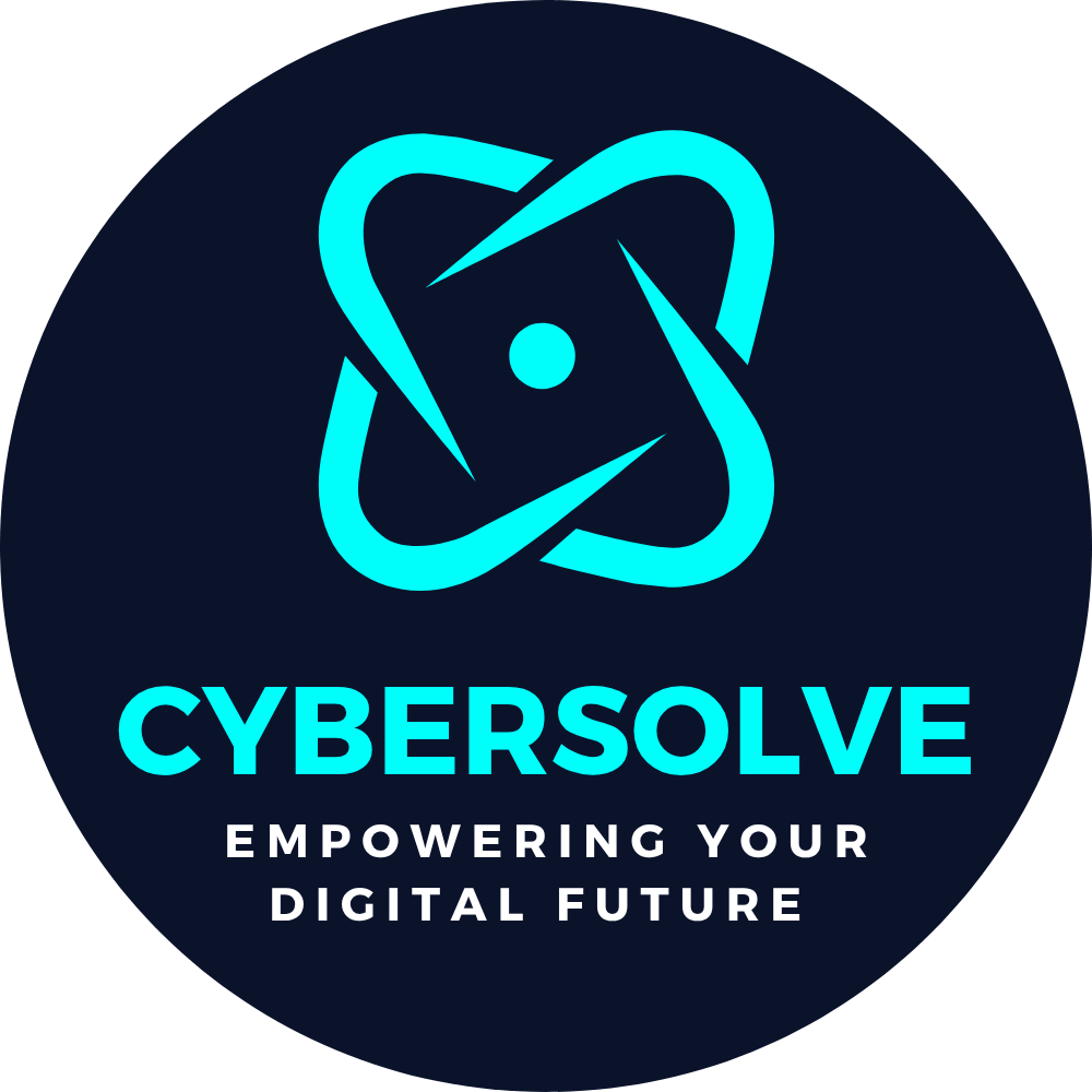 Cybersolve Logo mit abstraktem blauem Symbol und dem Slogan Empowering your digital future auf dunklem Grund.
