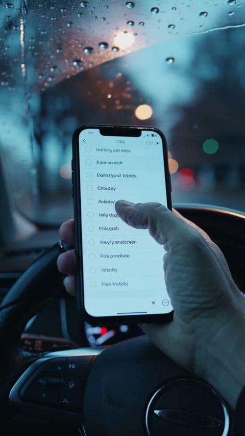 Hand am Handy, Regen auf der Scheibe