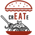 Ein Hamburger-Brötchen über dem Wort „crEATE“, darunter eine Gabel mit Spaghetti in einer Schüssel.