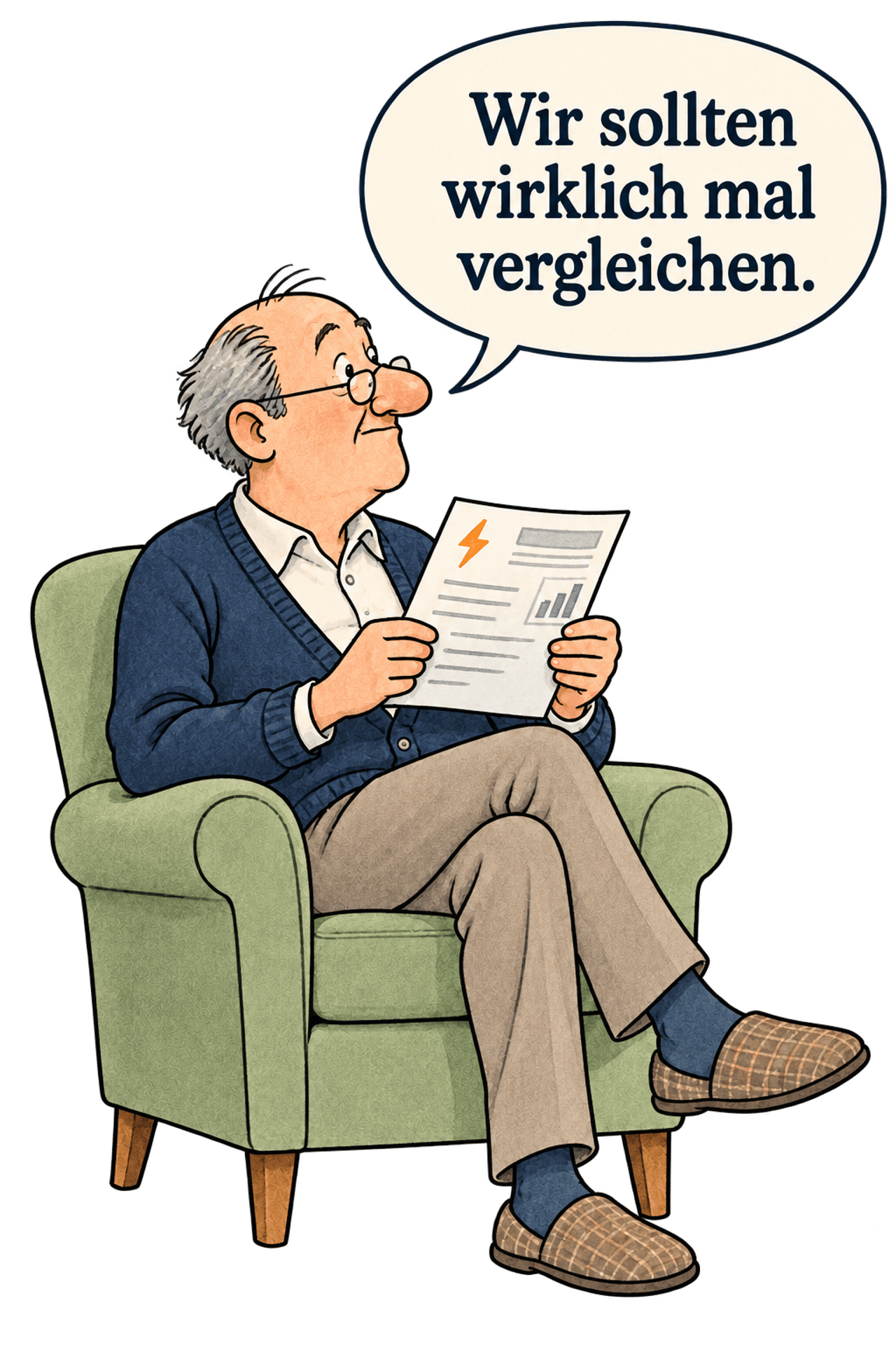 Mann im Sessel mit Stromrechnung sagt: Wir sollten wirklich mal vergleichen.