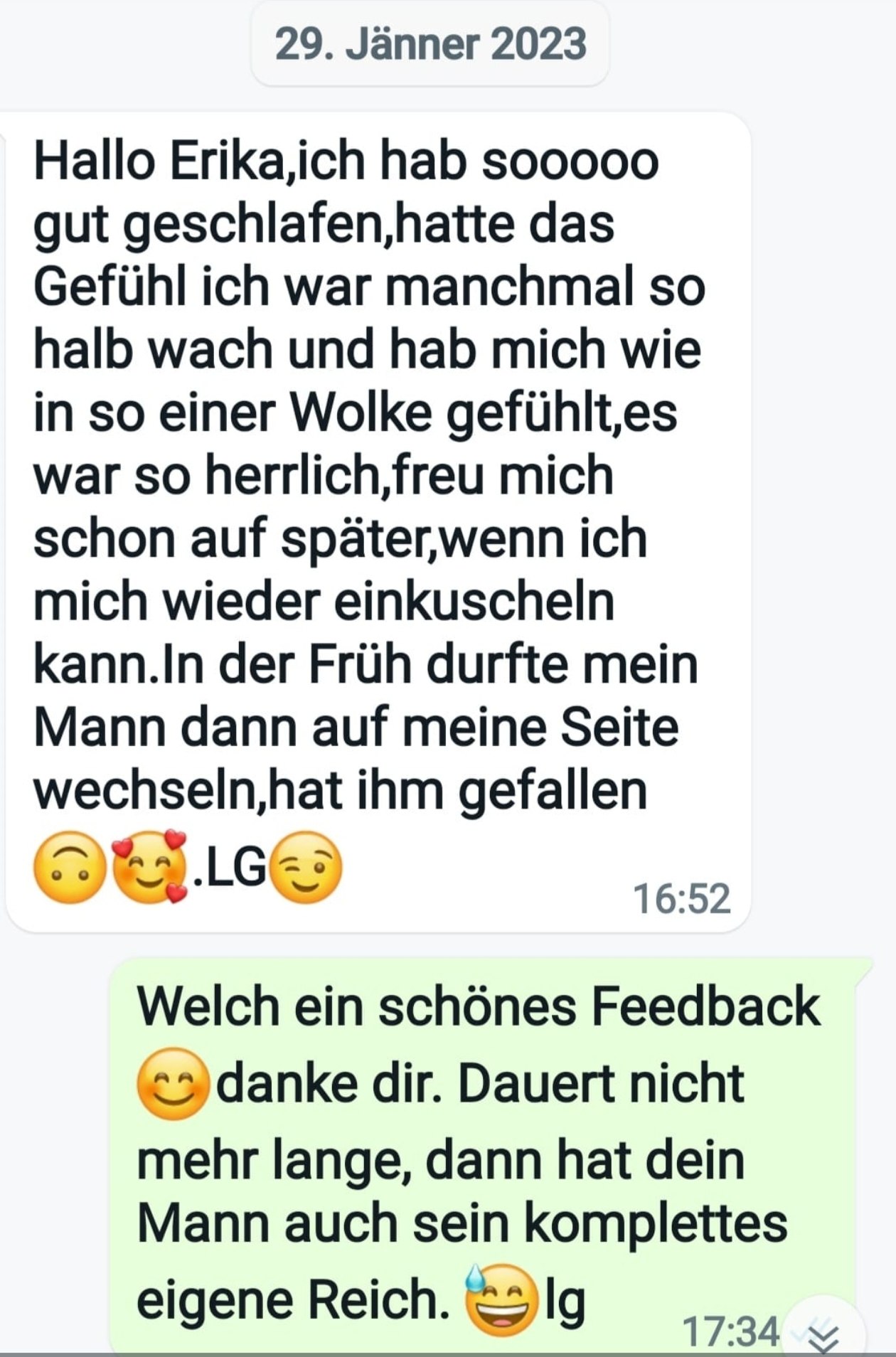WhatsApp-Nachricht einer Kundin: geschlafen wie auf einer Wolke