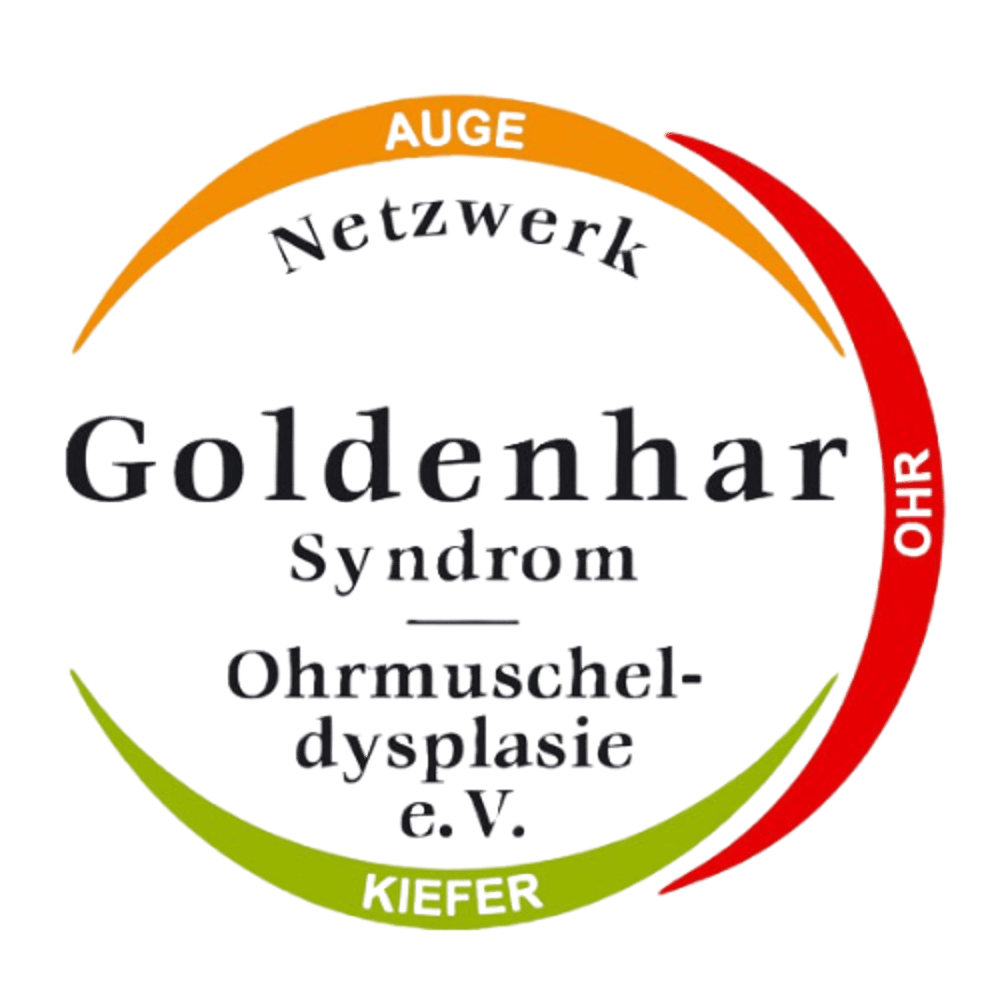 Logo des Goldhar Syndrom Ohrmuscheldysplasie e.V. mit Text „AUGE“, „OHR“, „KIEFER“ und „Netzwerk“ in Bögen.