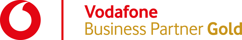Vodafone Business Partner Gold Logo mit rotem Vodafone-Symbol und goldenem Text.