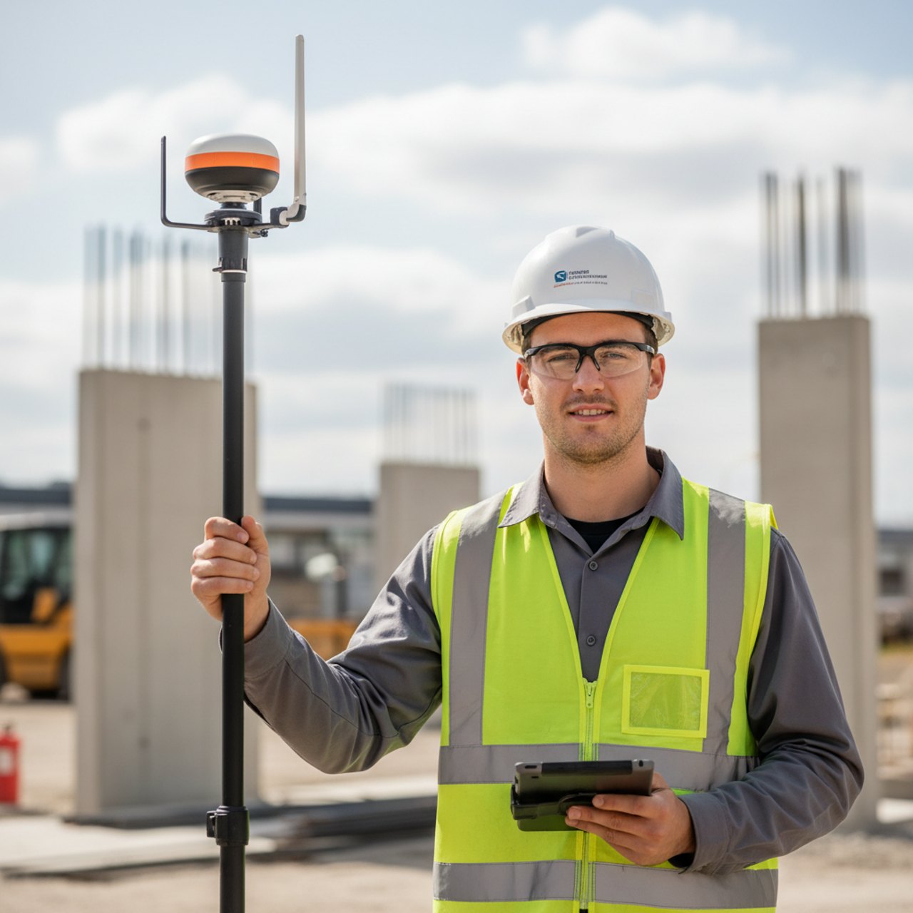 Junger Vermessungstechniker mit GNSS-Rover auf einer Baustelle