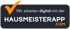 Orangefarbener Haken auf dunkelgrauem Rechteck mit Text: „Wir arbeiten digital mit der HAUSMEISTERAPP.COM“.