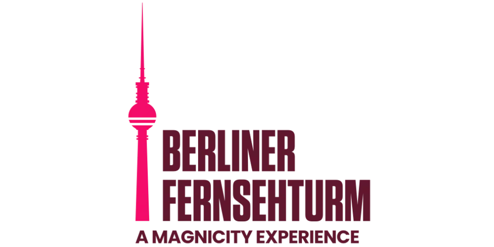 Rosa Umriss des Berliner Fernsehturms mit Text "BERLINER FERNSEHTURM A MAGNICITY EXPERIENCE".
