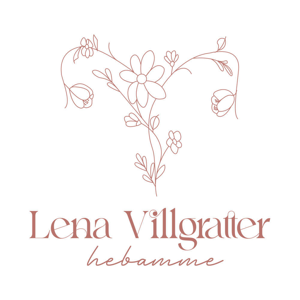 Lena Villgratter Hebamme Logo mit floraler Gebärmutter-Illustration auf dunkelgrünem Grund.