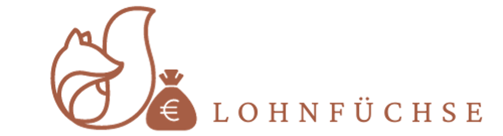 Logo: Ein stilisierter brauner Fuchs, eine Geldtasche mit Euro-Symbol und der Schriftzug LOHNFÜCHSE.