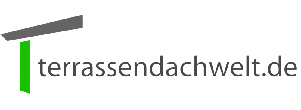 Logo mit grüner Säule und grauem Dach, daneben der Text "terrassendachwelt.de" in Grau.