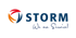 Logo von STORM mit drei farbigen, ineinandergreifenden Formen und dem Slogan "We are Service!"