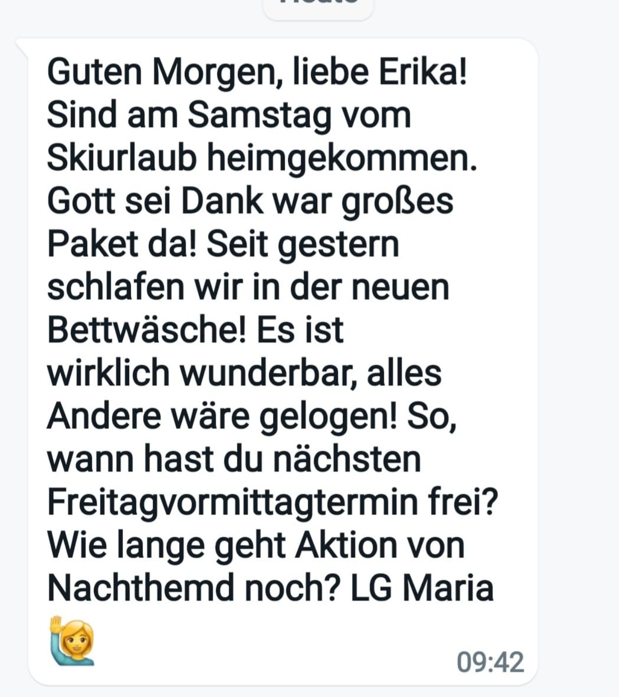 WhatsApp-Nachricht von Maria über die neue Bettwäsche