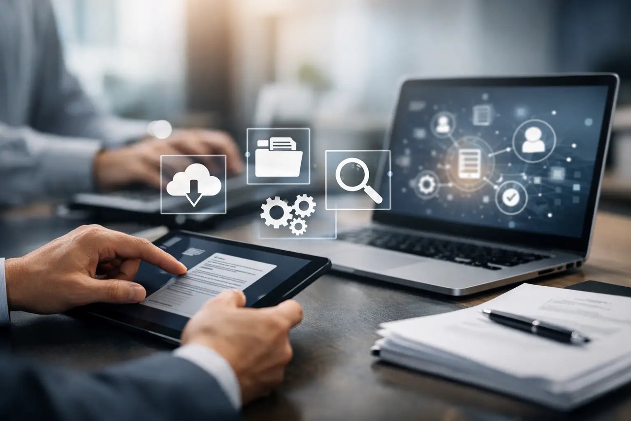 Hände bedienen Tablet und Laptop mit eingeblendeten Icons für Cloud, Ordner, Suche und Datenverarbeitung am Arbeitsplatz.