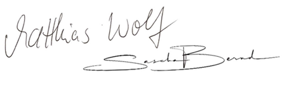 Unterschrift mit "Matthias Wolf" in braun und "Sepp Bund" in schwarz auf grünem Hintergrund.