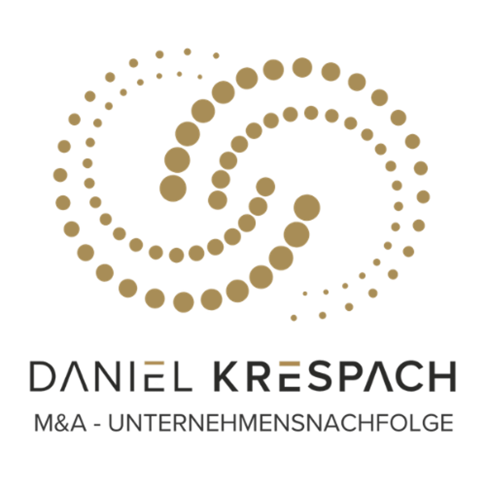 Logo: Goldene Punkte bilden eine spiralförmige Form; darunter "DANIEL KRESPACH M&A - UNTERNEHMENSNACHFOLGE".