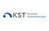 Blaues, geschwungenes Symbol mit "KST Kasseler Stottertherapie" in Grau und Blau.