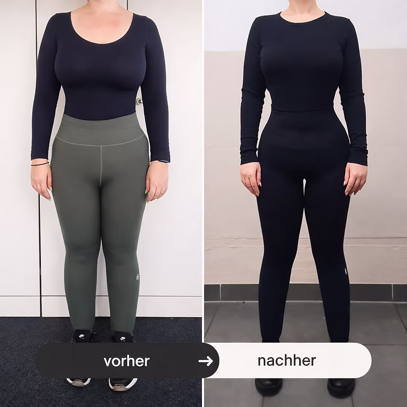 Vorher-Nachher-Vergleich einer Frau in Sportkleidung zur Verdeutlichung eines Fitness- oder Abnehmerfolgs.