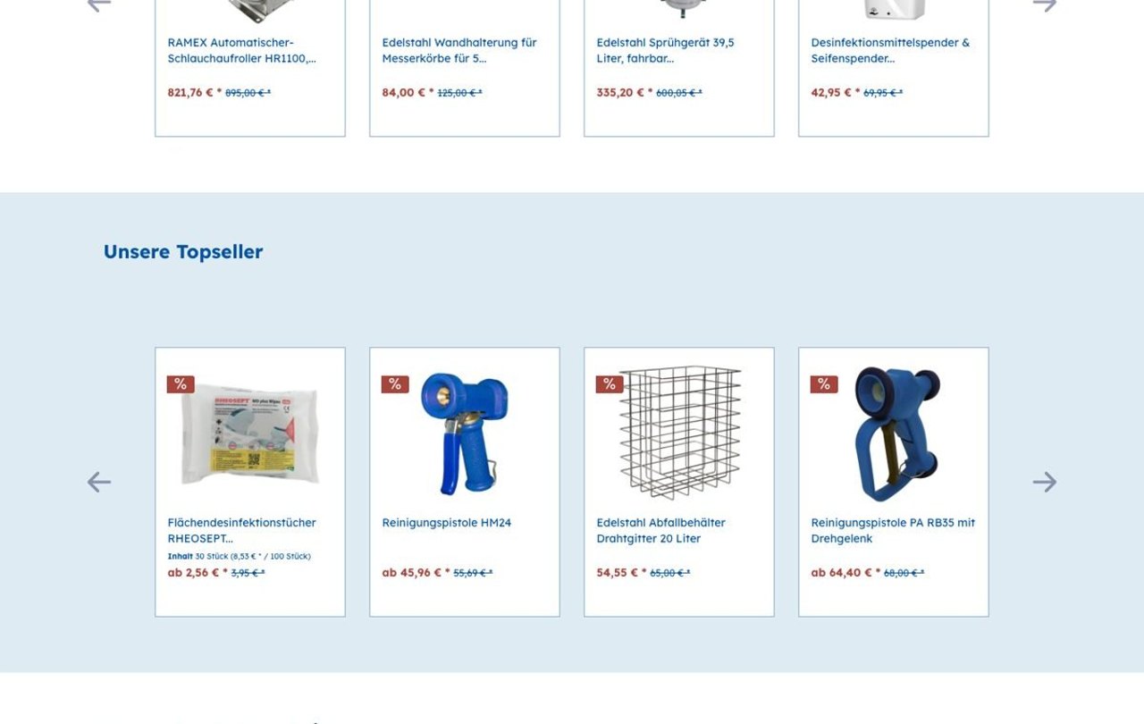 Produktbereich Unsere Topseller im Onlineshop Hygienemarkt24 mit Flächendesinfektionstüchern, Reinigungspistolen und Abfallbehälter samt Preisen