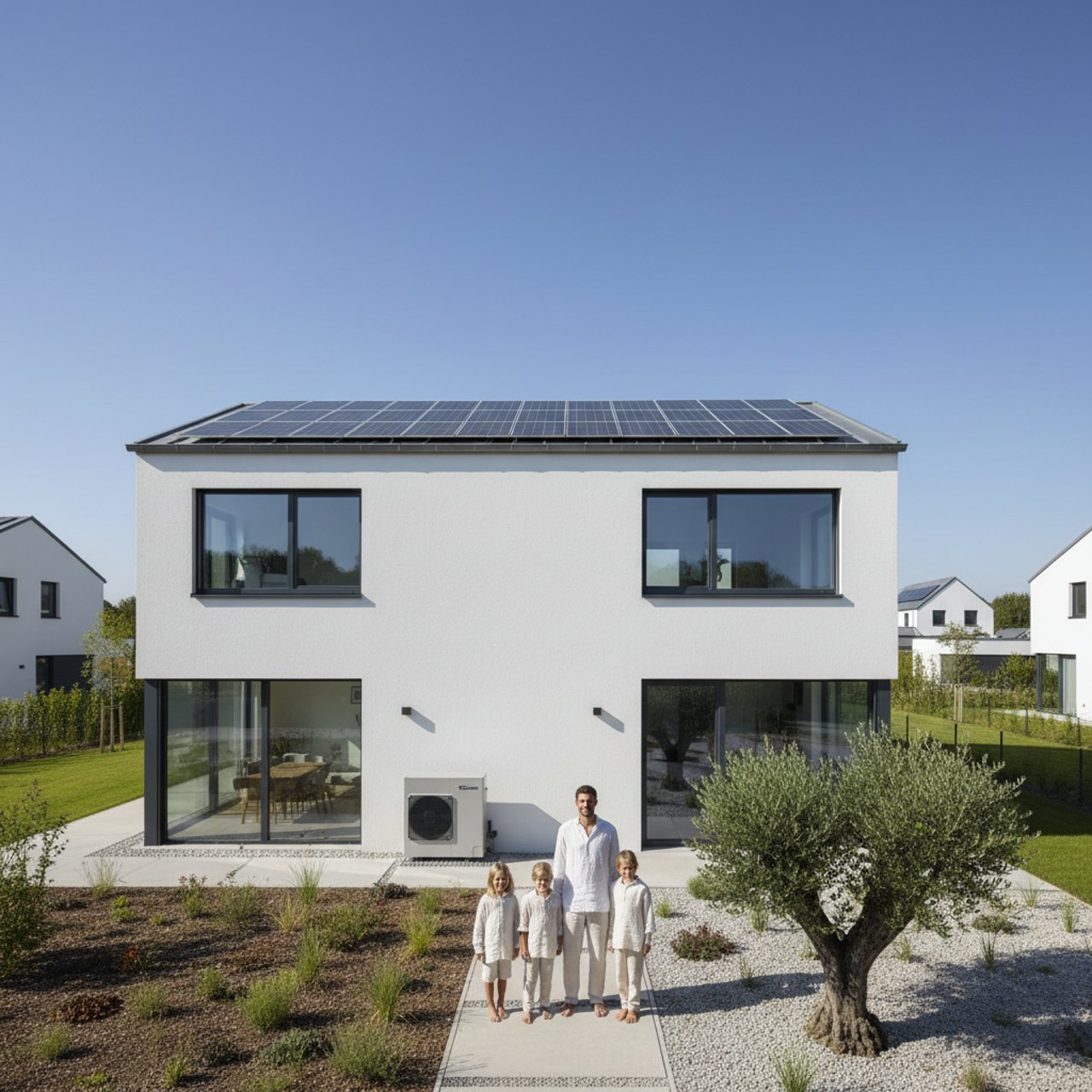 Modernes Haus mit Photovoltaikanlage und Wärmepumpe – Energiesystem der Zukunft