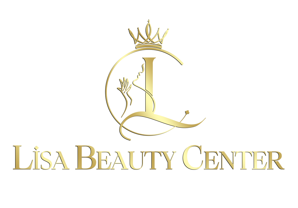 Goldenes Logo "Lisa Beauty Center" mit Krone über großem "L", einer Frauenprofilsilhouette und geschwungenen Linien auf grünem Hintergrund.