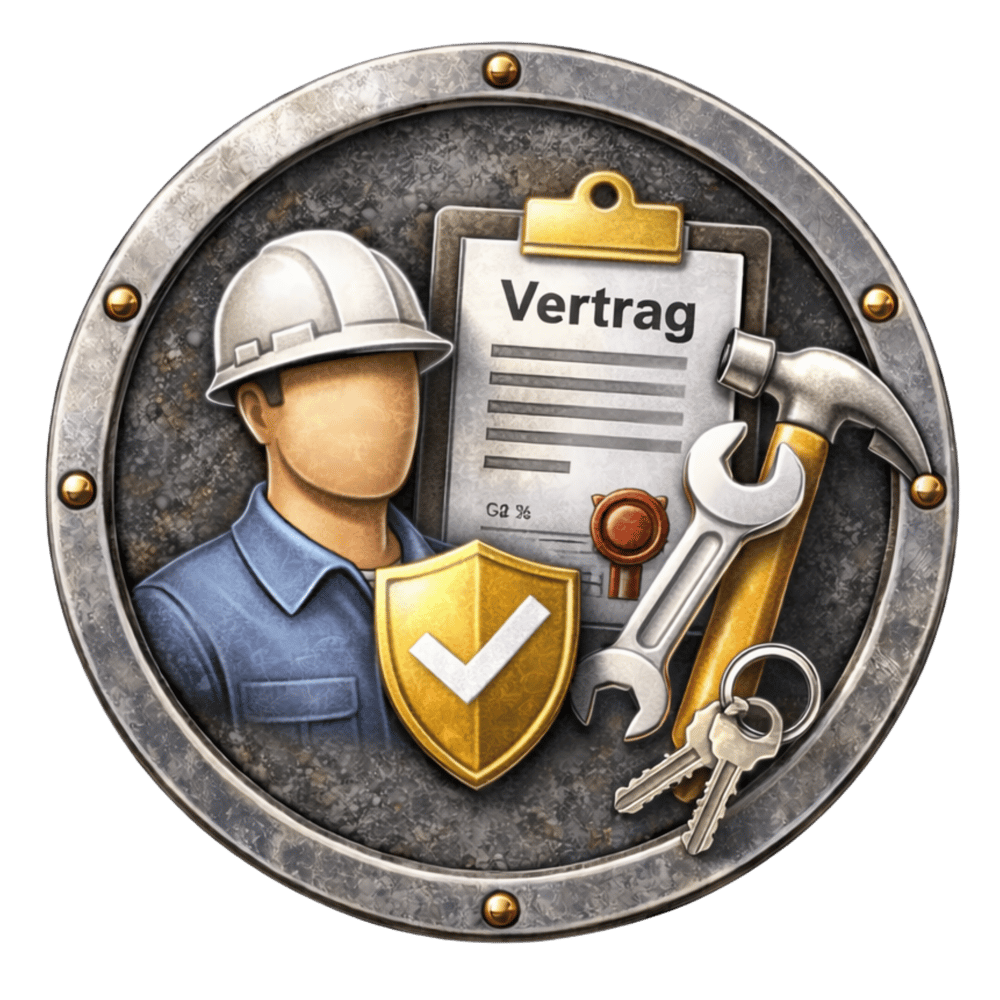 Handwerker mit Schutzhelm, Vertrag, Werkzeug und Schlüssel in einem runden Metallrahmen.