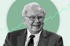 Warren Buffett smiling in a suit and tie, with a green circle and stock chart lines in the background.