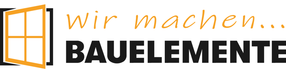 Orangefarbenes Fenster-Symbol mit dem Text "wir machen... BAUELEMENTE" auf grünem Hintergrund.