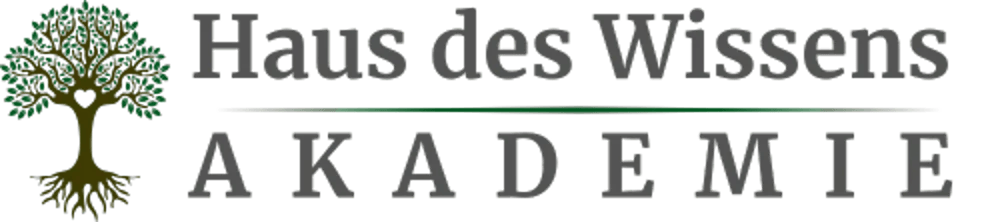 Grüner Baum mit Herzform im Stamm und Text „Haus des Wissens AKADEMIE“.