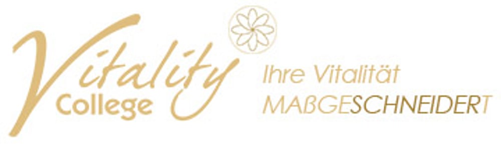 Vitality College Logo mit goldener Blüte und Text: Ihre Vitalität MAẞGESCHNEIDERT.