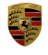 Gold-rotes Porsche-Wappen mit schwarzem Pferd und "STUTTGART" in der Mitte, darüber "PORSCHE".