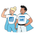 Zwei lächelnde Superhelden in blauen Umhängen, eine Frau mit Diagramm-Symbol, ein Mann mit Website-Icon auf T-Shirts.