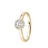 Goldener Ring mit einem runden Diamanten in Halo-Fassung auf weißem Hintergrund.