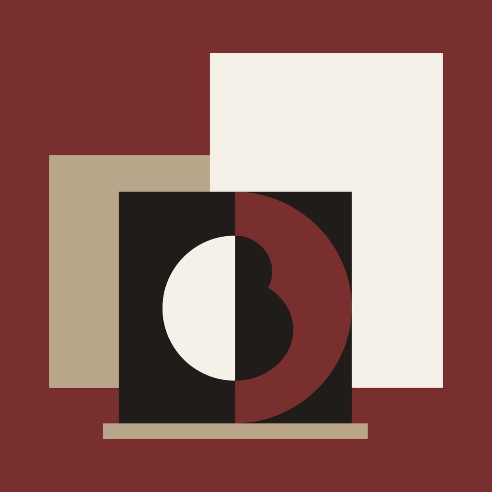 Abstrakte Grafik mit schwarzen, roten und beigen geometrischen Formen, die ein stilisiertes B bilden.