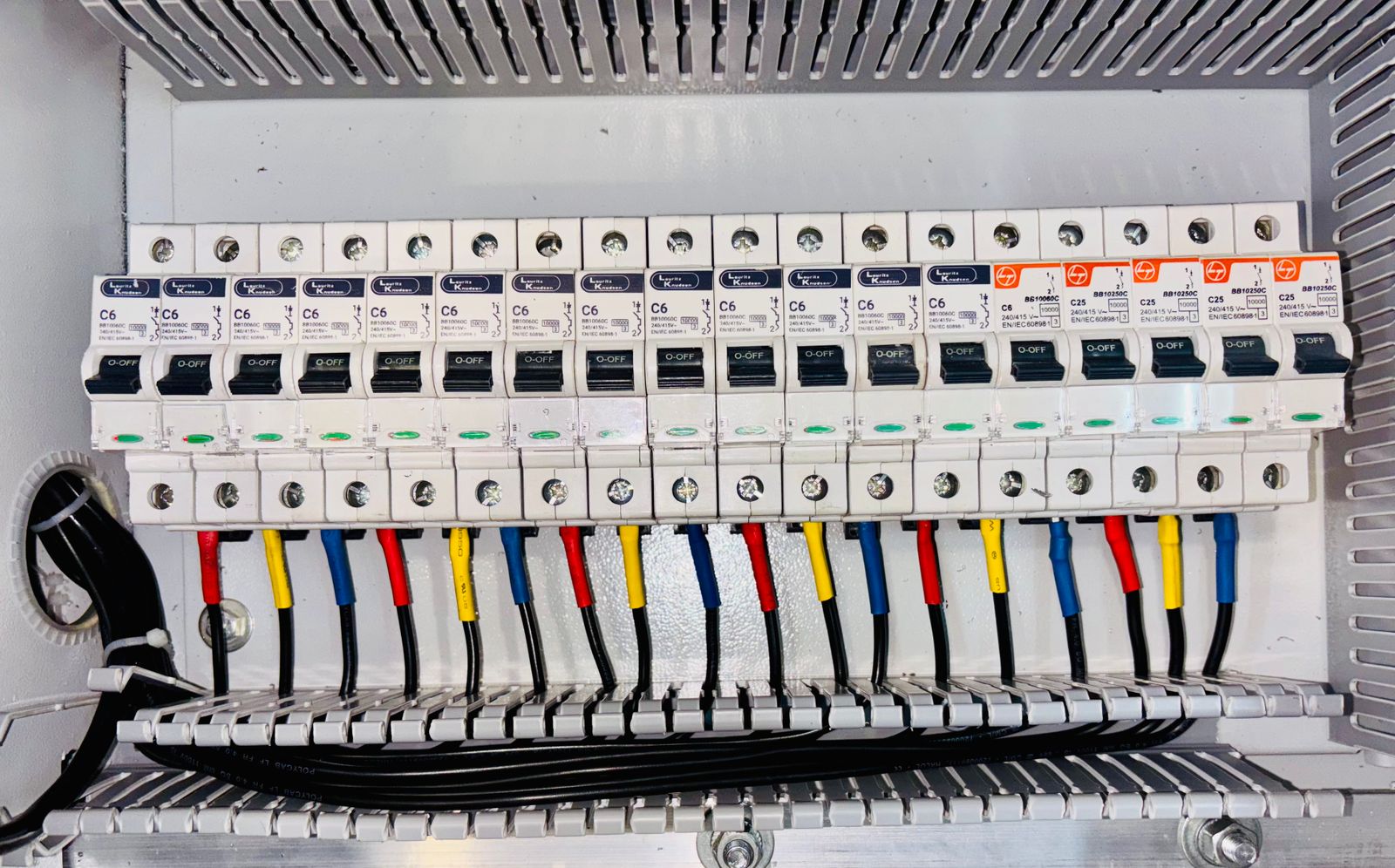 Residential circuit breaker panel with color-coded wiring