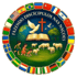 Kreisförmiges Logo mit Kindern, die Schafe hüten, einer Bibel, Tauben und Flaggen verschiedener Nationen.