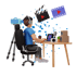 Videoproduktion TN Production - Person mit Kopfhörern arbeitet an einem Schreibtisch mit Laptop, Mikrofon, Kamera und Lautsprechern, im Hintergrund Filmsymbole