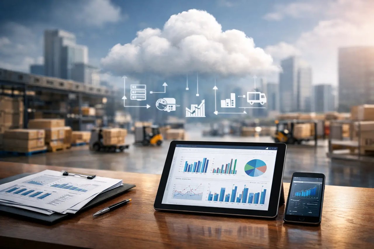 Ein Tablet mit Logistik-Diagrammen vor einem Lagerhaus, über dem eine Cloud mit Icons für Lieferkette und Daten schwebt.