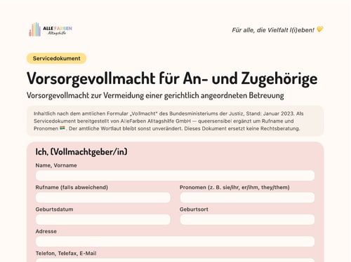 Vorschau des Servicedokuments Vorsorgevollmacht für An- und Zugehörige von AlleFarben Alltagshilfe.