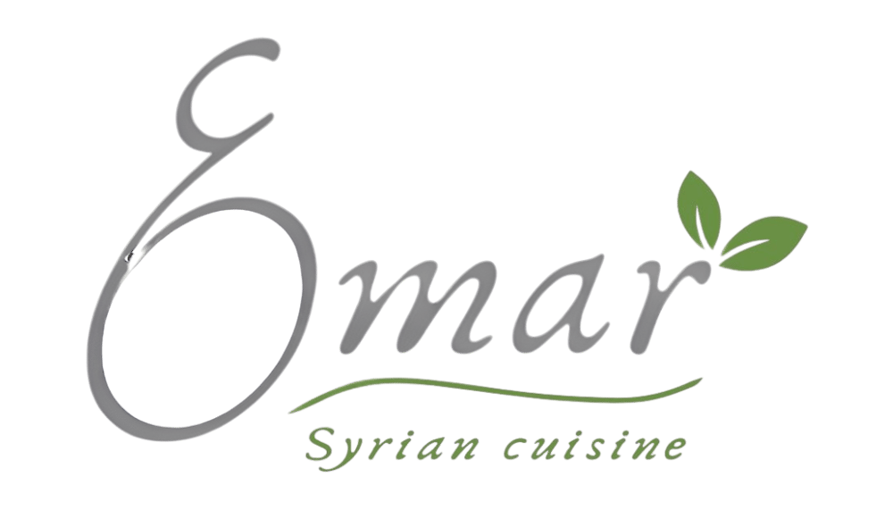 Omar Syrian cuisine Logo mit grünen Blättern.