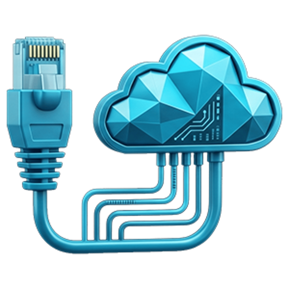 Blaues Ethernet-Kabel, das mit einem geometrischen Cloud-Symbol verbunden ist.