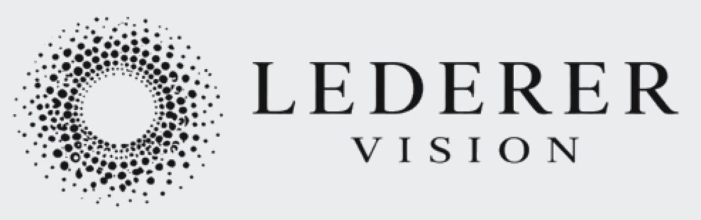 Lederer Vision logo with white text and a white swirling dot pattern on a black background.