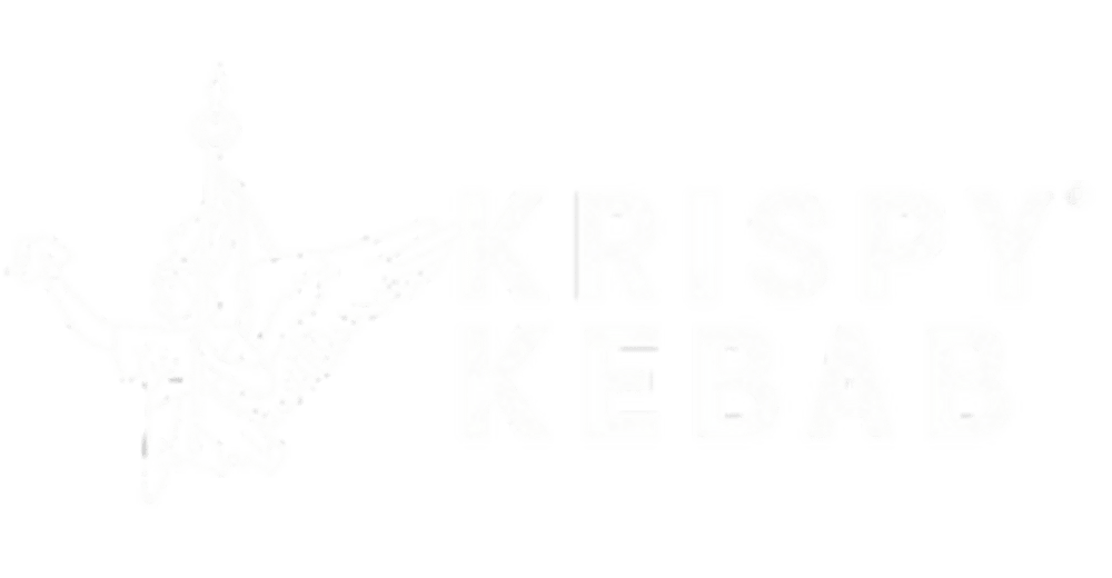 Weißes Logo mit einer sitzenden Figur, die einen Döner in der Hand hält, und dem Text „KRISPY KEBAB“.