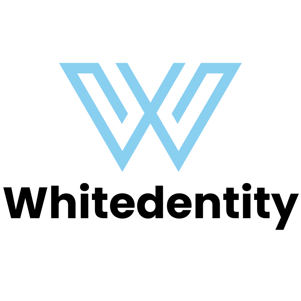 Blaues, stilisiertes "W"-Logo über schwarzem Text "Whitedentity" auf dunklem Hintergrund.