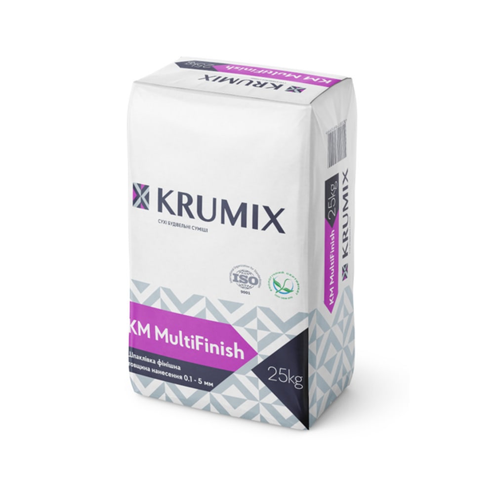 Білий мішок Krumix KM MultiFinish 25kg зі значками ISO та зеленим листком.