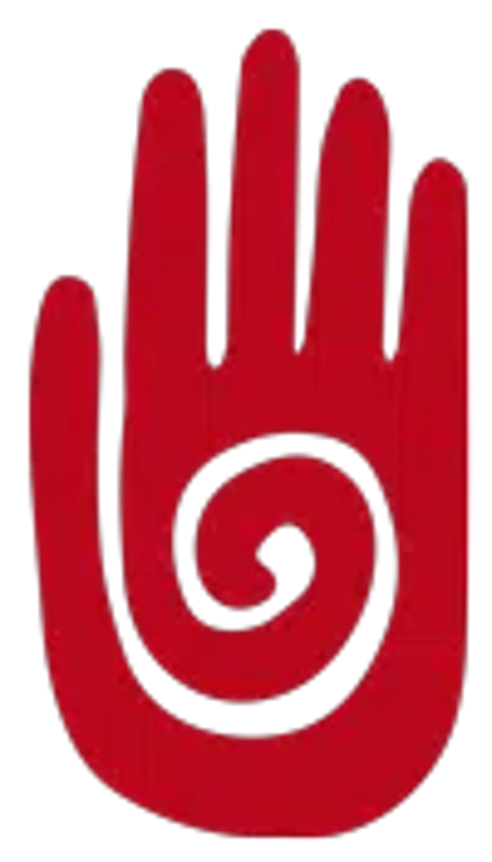 Rote Handfläche mit schwarzer, spiralförmiger Zeichnung in der Mitte.