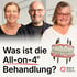 Drei lächelnde Personen neben einer Zahnprothese und dem Text "Was ist die All-on-4® Behandlung?".