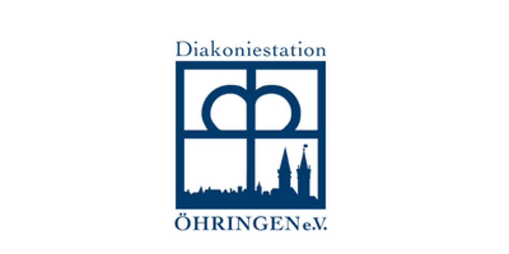 Logo der Diakoniestation ÖHRINGEN e.V. mit stilisiertem Fenster, Stadtbild und Türmen.